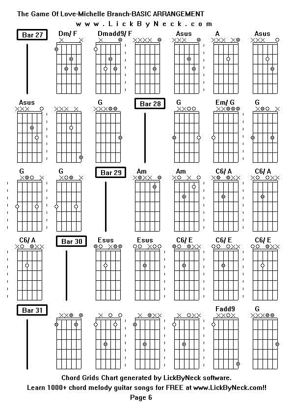 Chord Grids Chart of chord melody fingerstyle guitar song-The Game Of Love-Michelle Branch-BASIC ARRANGEMENT,generated by LickByNeck software.